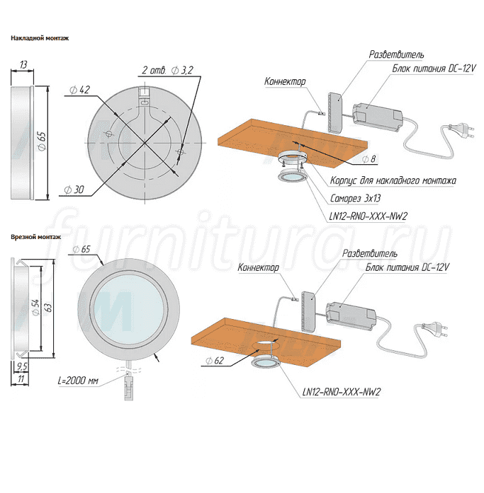 Светильник мебельный круглый светодиодный врезной 12v