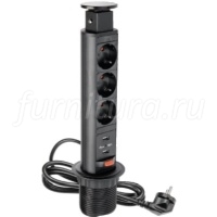 Блок розеток GTV выдвижной 3 розетки Schuco + 2 USB, кабель 1,5 метра, черный
