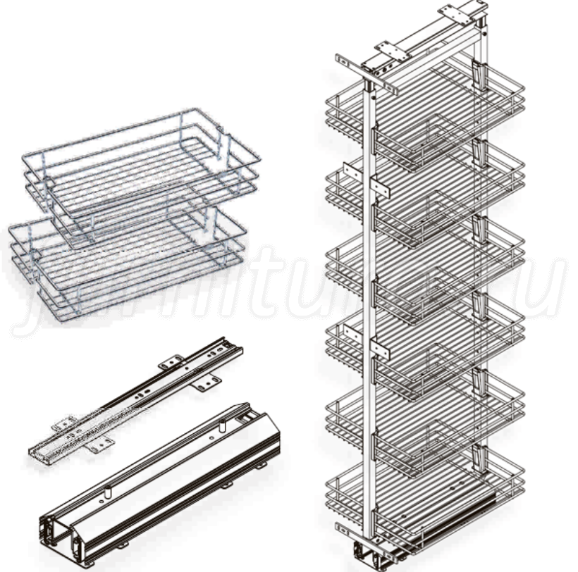 Корзина колонна. Выдвижная кухонная колонна с 6 полками, h=1850-2200мм, kptj012d-300. Выдвижной пенал к корпус 300 мм, 6 полок-сеток, h=1850-2200мм, с доводчиком. Выдвижной кухонный пенал h=1850-2200мм. KPTJ- 012-D-300 (рама) к корз..верт. - 6 Полок (1850-2200).