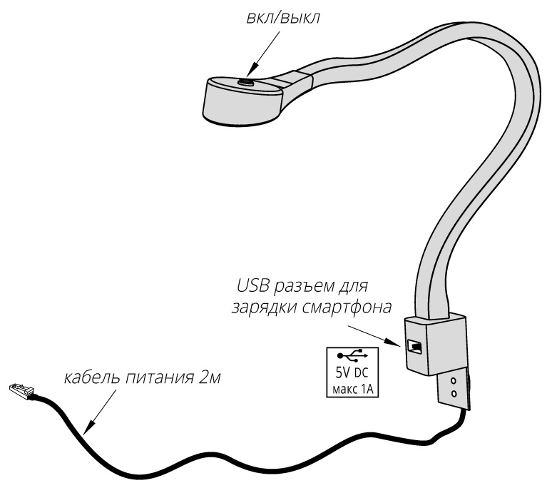 Розетка USB + светильник FLEXI, цвет серебро